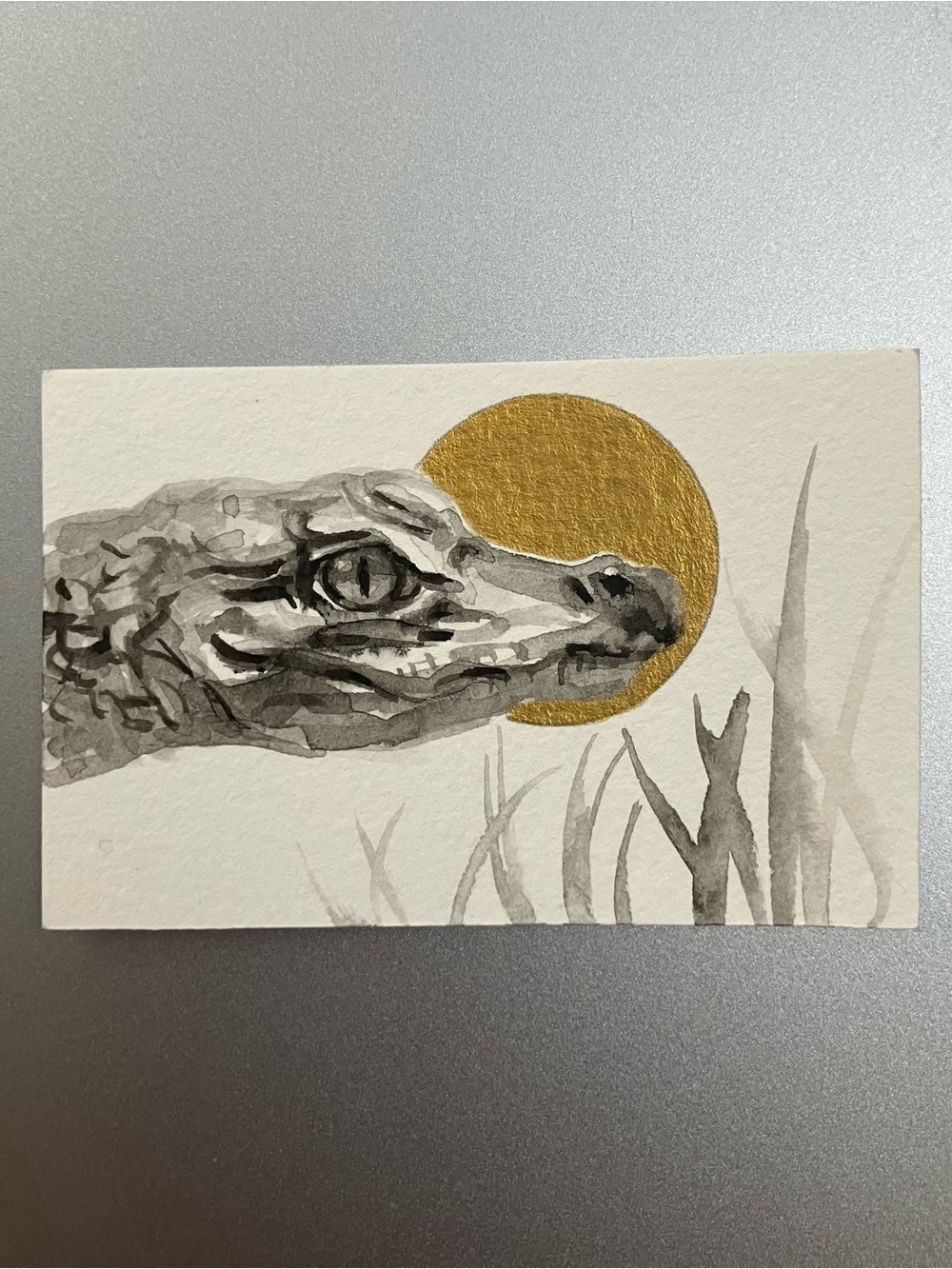 Original baby alligator miniature realism painting reptile art sumi-e style
